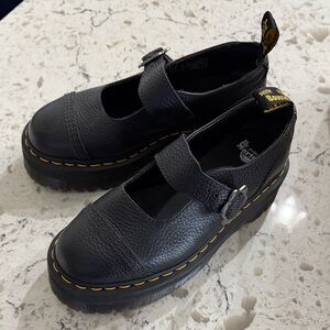 Dr. Martens Black Mary Jane Platform Shoes with Yellow Stitching